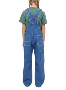 Salopette Dickies in denim lavato in pietra blu per ragazze