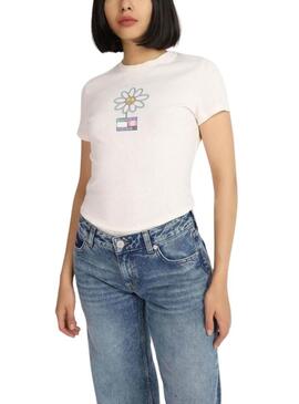 Maglietta Tommy Jeans Flower Slim Bianca per Donna