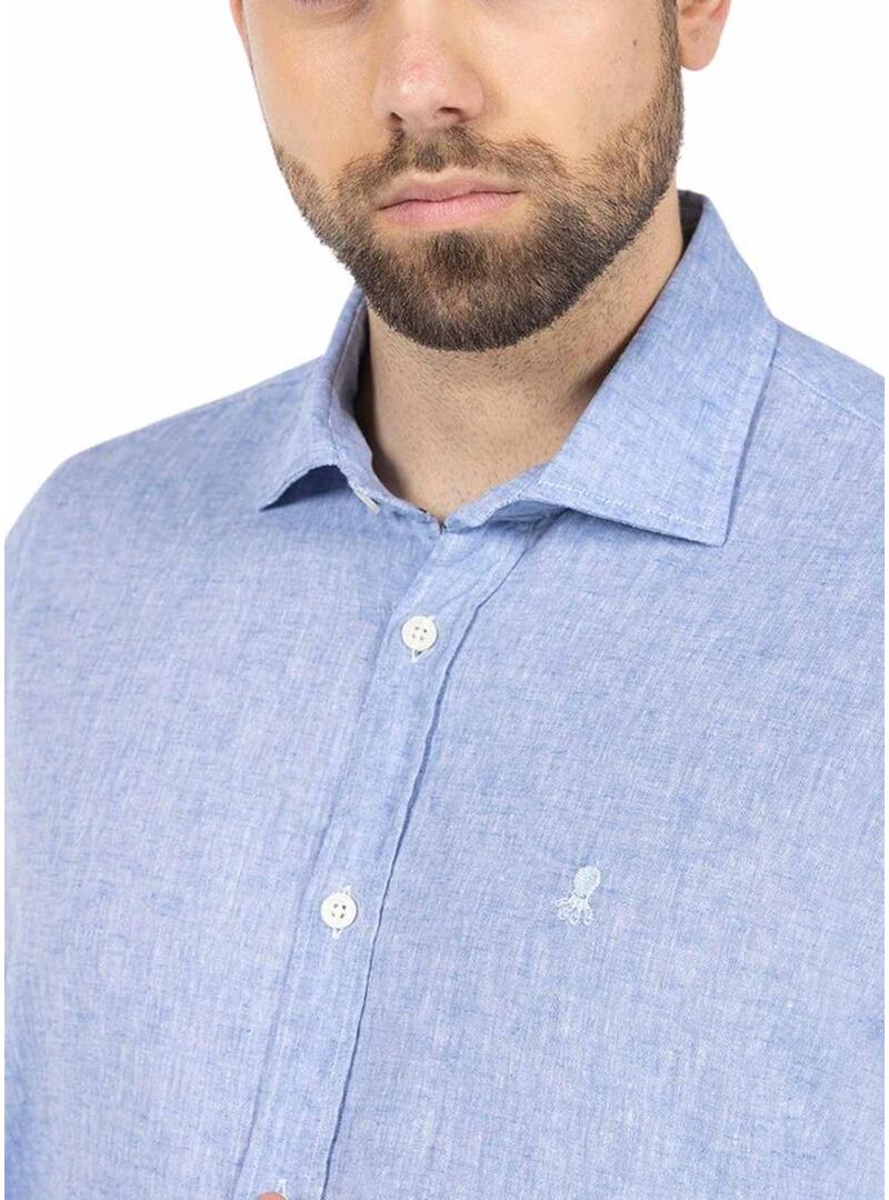 Camicia El Pulpo in lino blu con logo per uomo