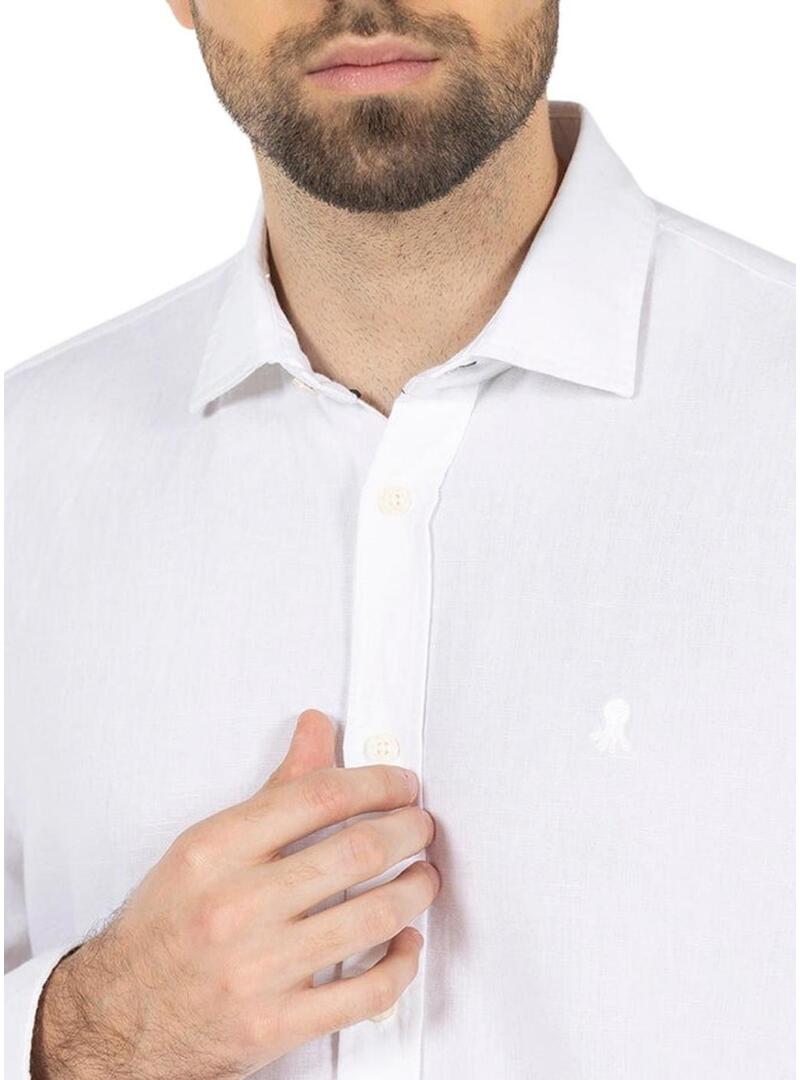 Camicia El Pulpo in lino bianca con logo per uomo