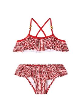 Bikini Mayoral stampato con volantini in rosso per bambina.