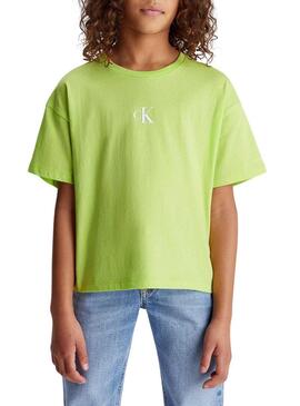 Maglietta Calvin Klein Logo Boxy Verde per Ragazza