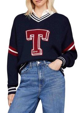 Maglia Tommy Jeans Letterman blu scuro per donna