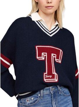 Maglia Tommy Jeans Letterman blu scuro per donna