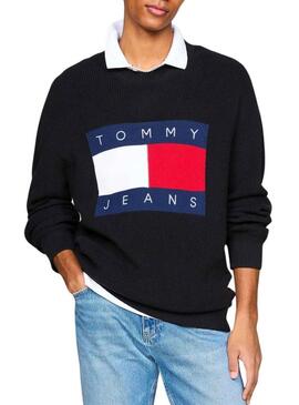 Maglia Tommy Jeans nera con logo intarsiato per uomo