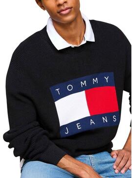 Maglia Tommy Jeans nera con logo intarsiato per uomo