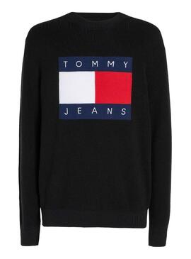 Maglia Tommy Jeans nera con logo intarsiato per uomo