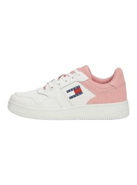 Scarpe Tommy Jeans Basket retro rosa e bianche per donna.