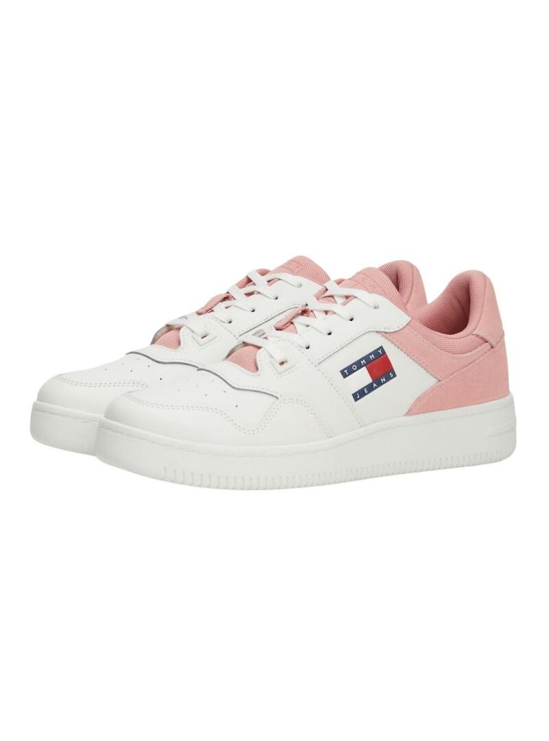 Scarpe Tommy Jeans Basket retro rosa e bianche per donna.