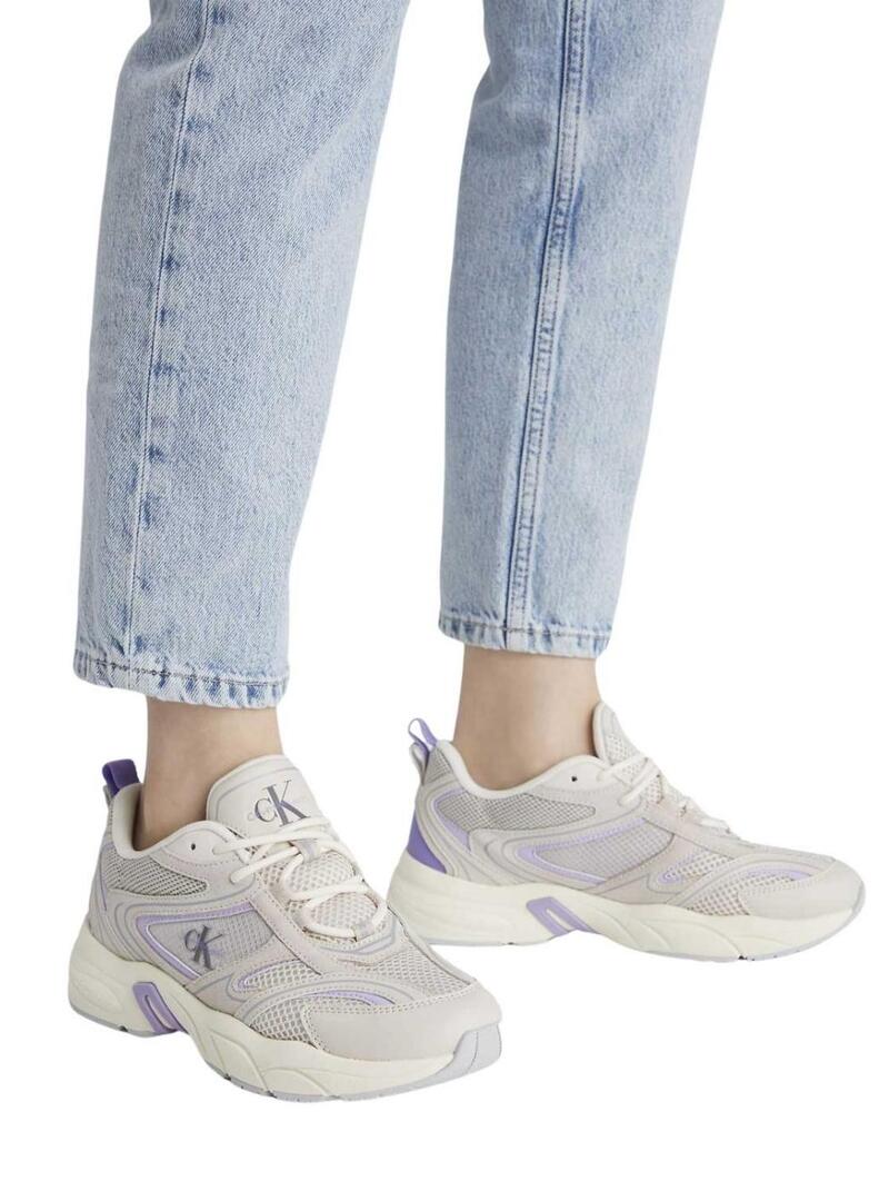 Sneakers Calvin Klein Jeans Retro tennis bianche e lilla per donna