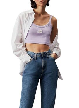 Top Calvin Klein Woven Label viola a costine per donna