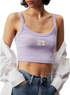 Top Calvin Klein Woven Label viola a costine per donna