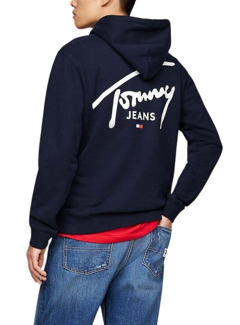 Felpa con cappuccio Tommy Jeans Logo Signature blu navy per uomo
