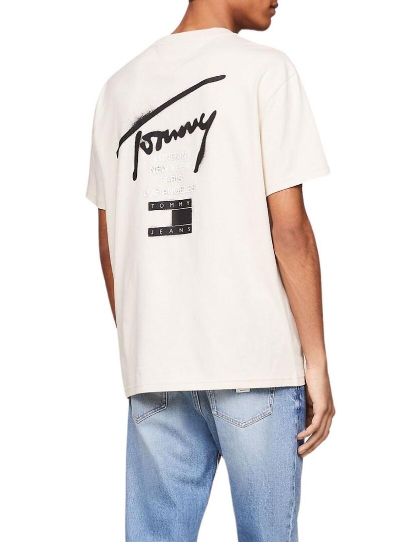 Maglietta Tommy Jeans beige con graffiti per uomo