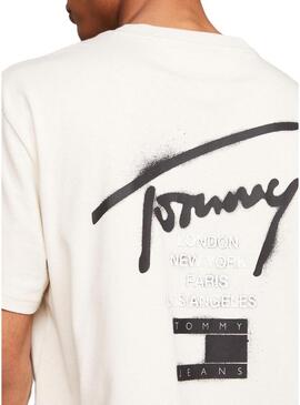 Maglietta Tommy Jeans beige con graffiti per uomo