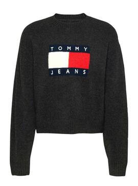 Maglia Tommy Jeans Flag in lana melange grigia per donna