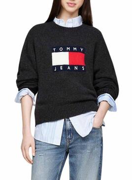 Maglia Tommy Jeans Flag in lana melange grigia per donna