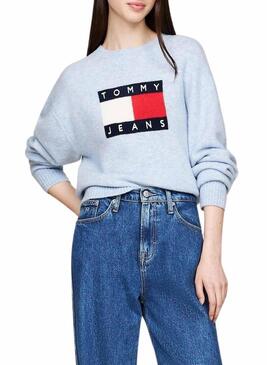 Maglia Tommy Jeans Flag in lana melange blu per donna