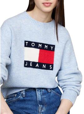 Maglia Tommy Jeans Flag in lana melange blu per donna