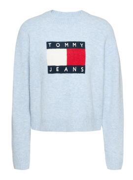 Maglia Tommy Jeans Flag in lana melange blu per donna