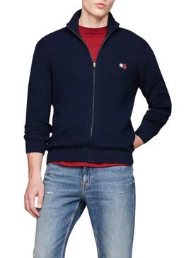 Cardigan Tommy Jeans Badge Zip blu navy per uomo