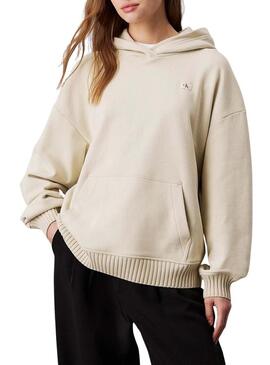 Felpa cappuccio Calvin Klein Jeans Woven beige per donna