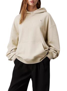 Felpa cappuccio Calvin Klein Jeans Woven beige per donna