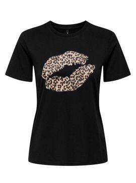 T-shirt Only Lola labbra leopardate nera per donna