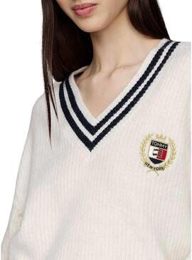 Maglione Tommy Jeans Prep intrecciato con stemma beige per donna