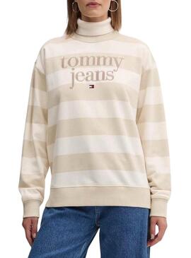 Felpa Tommy Jeans logo righe relaxed beige per donna