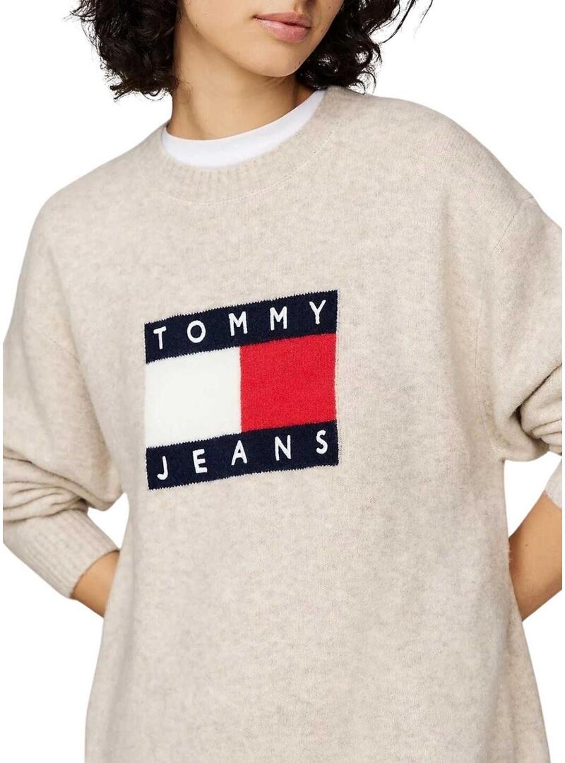 Abito Tommy Jeans in lana con bandiera beige per donna