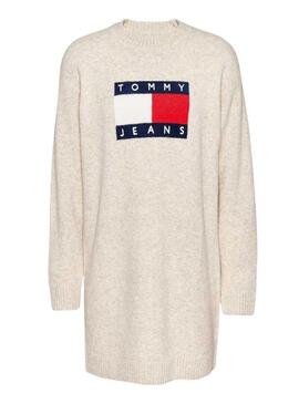 Abito Tommy Jeans in lana con bandiera beige per donna