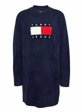 Abito Tommy Jeans in lana con bandiera blu navy per donna