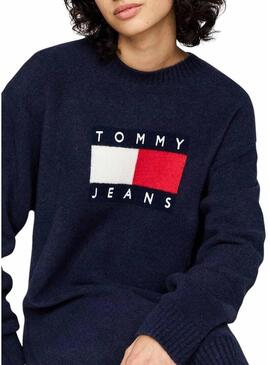 Abito Tommy Jeans in lana con bandiera blu navy per donna