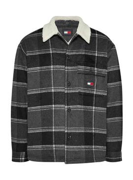 Camicia sovrapposta Tommy Jeans Sherpa a quadri grigia per uomo