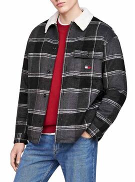 Camicia sovrapposta Tommy Jeans Sherpa a quadri grigia per uomo