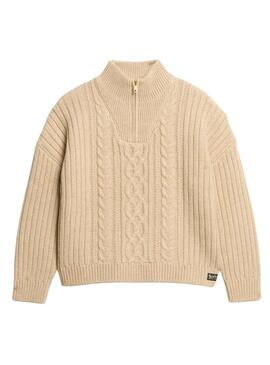 Maglia Superdry Cable Zip Beige per donna