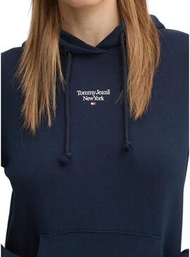 Felpa Tommy Jeans Essential logo con cappuccio blu navy per donna