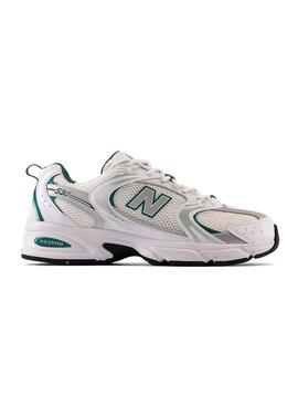 Sneakers New Balance 530 bianche con verde e argento per donna.