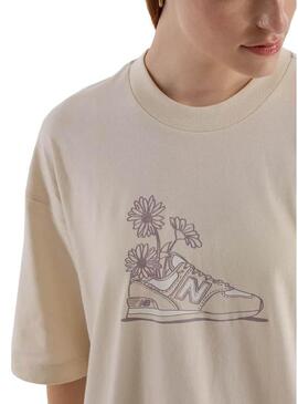 Maglietta New Balance beige con fiori per donna