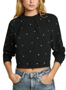 Top Pepe Jeans Ava con strass nero per donna.