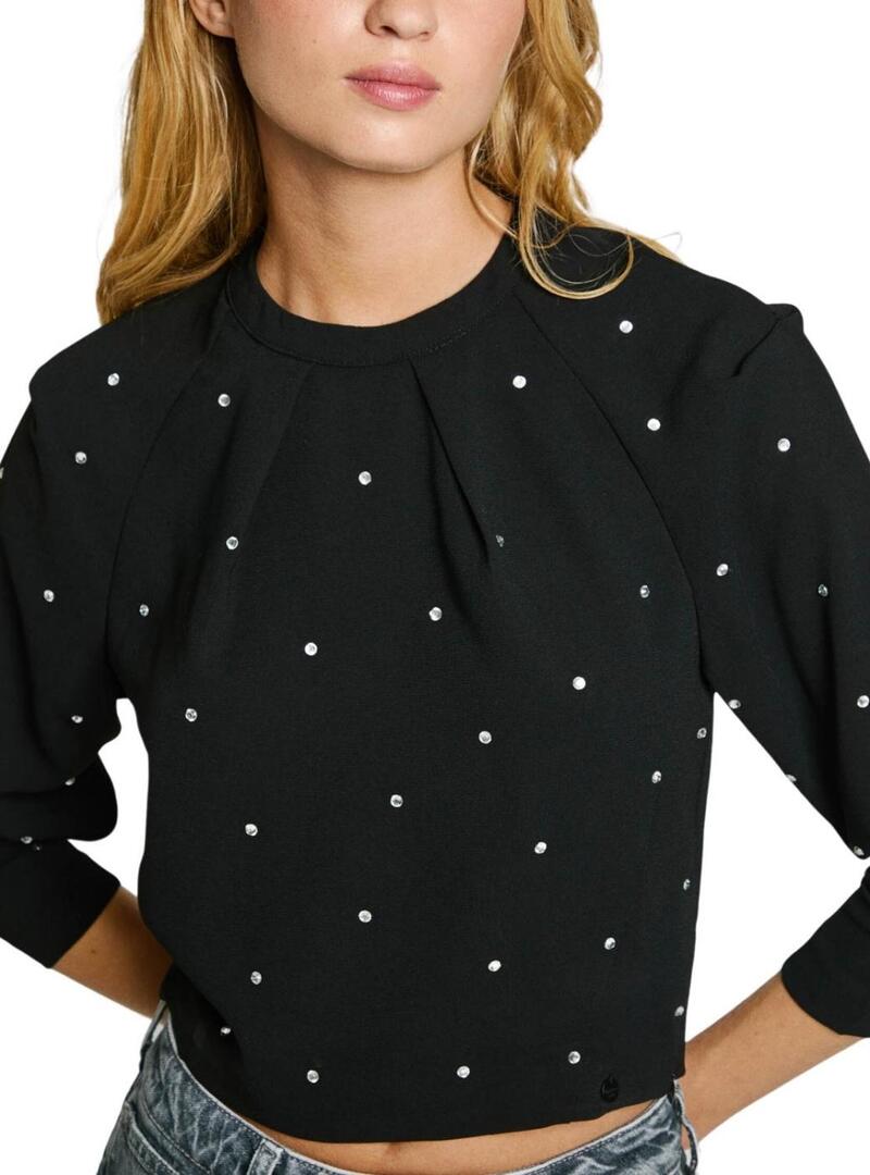 Top Pepe Jeans Ava con strass nero per donna.