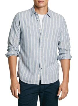 Camicia Pepe Jeans Artor in lino a righe blu per uomo