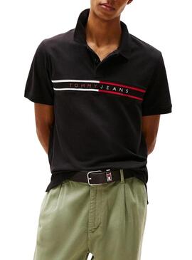 Polo Tommy Jeans Chest Flag nero per uomo.